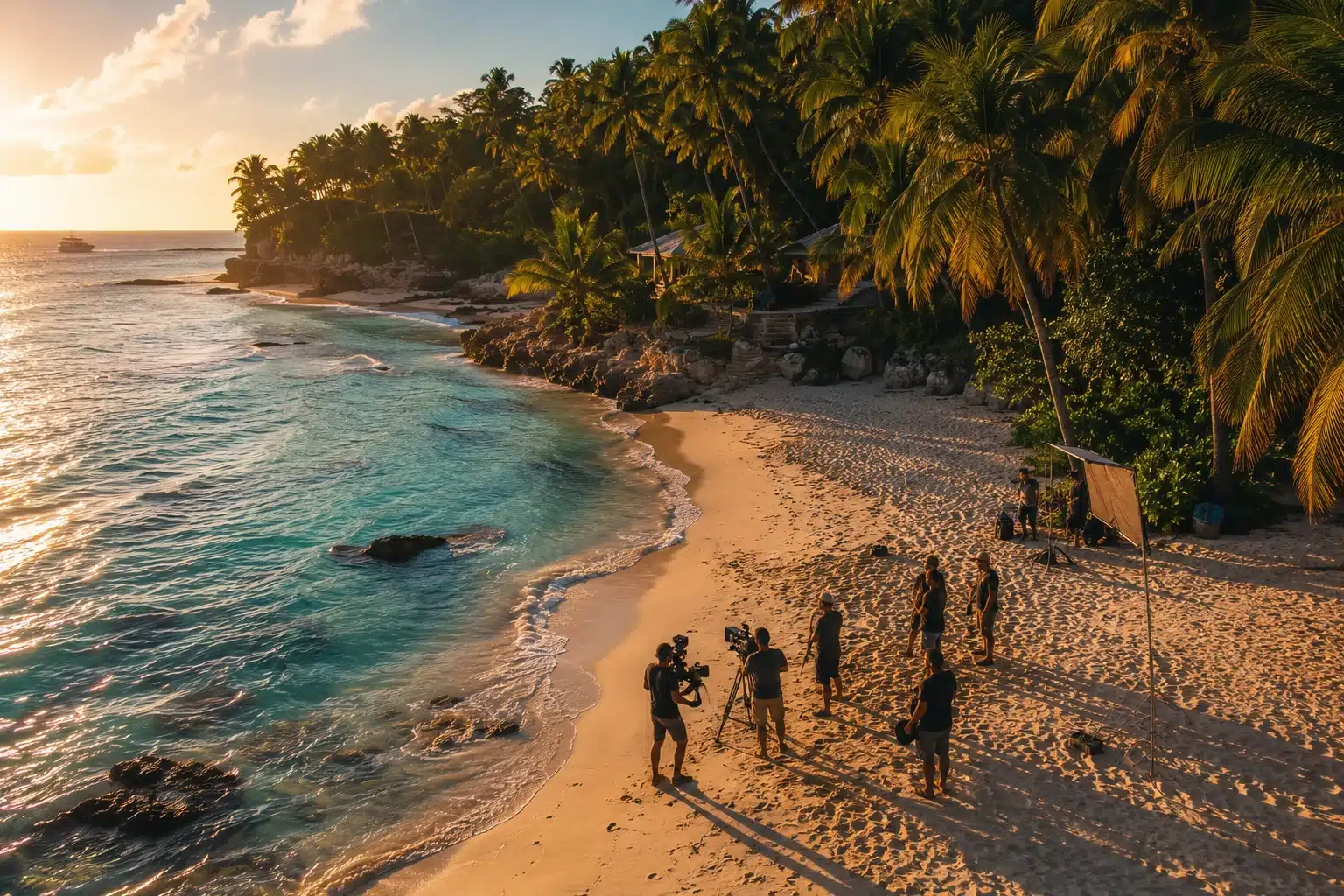 Film production crew on a Caribbean beach at golden hour — Caribbean film tax incentives 2026