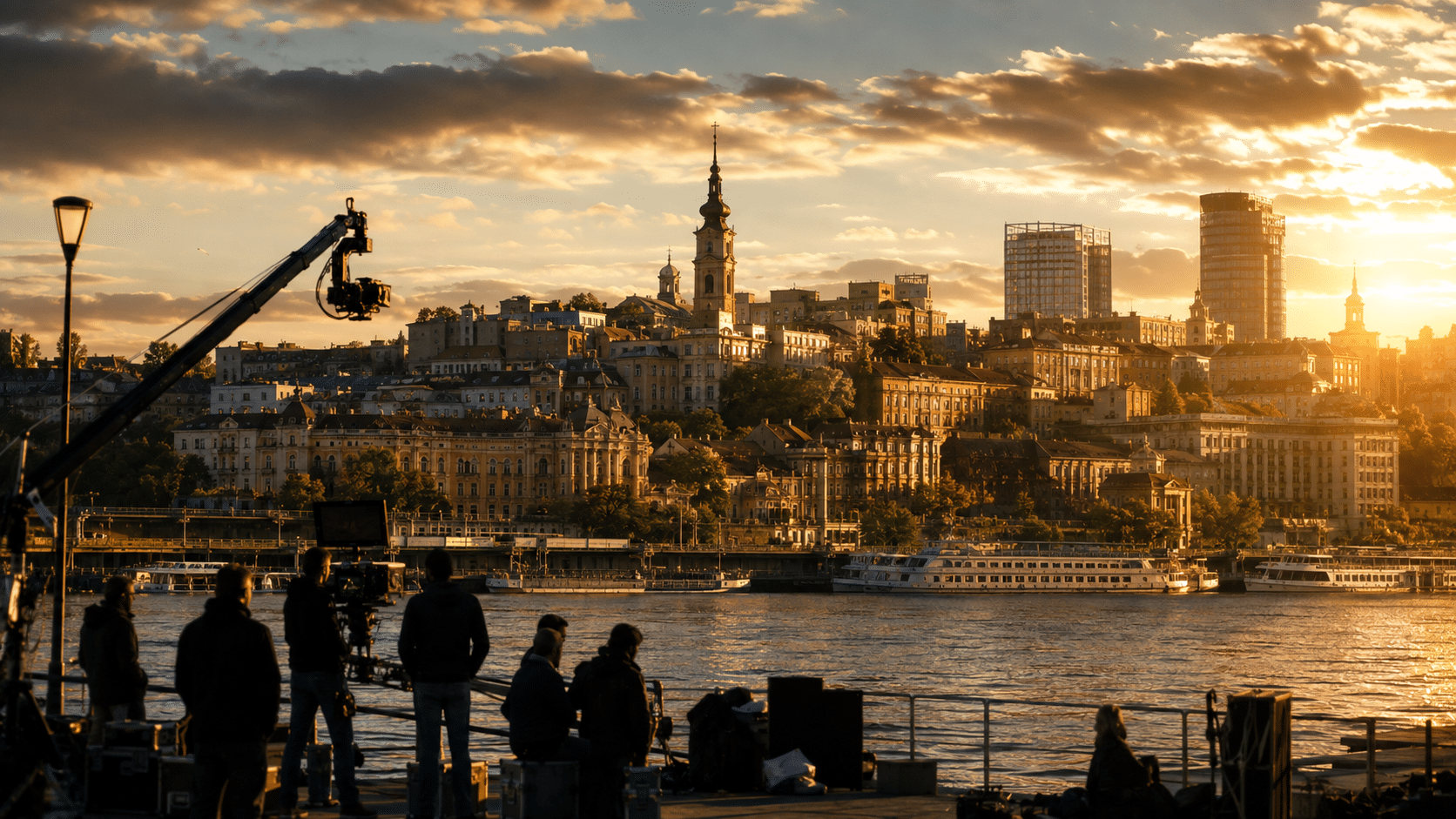 Filming in Serbia - Belgrade Sava River skyline at golden hour showing Austro-Hungarian and modern architecture, used for international film production.